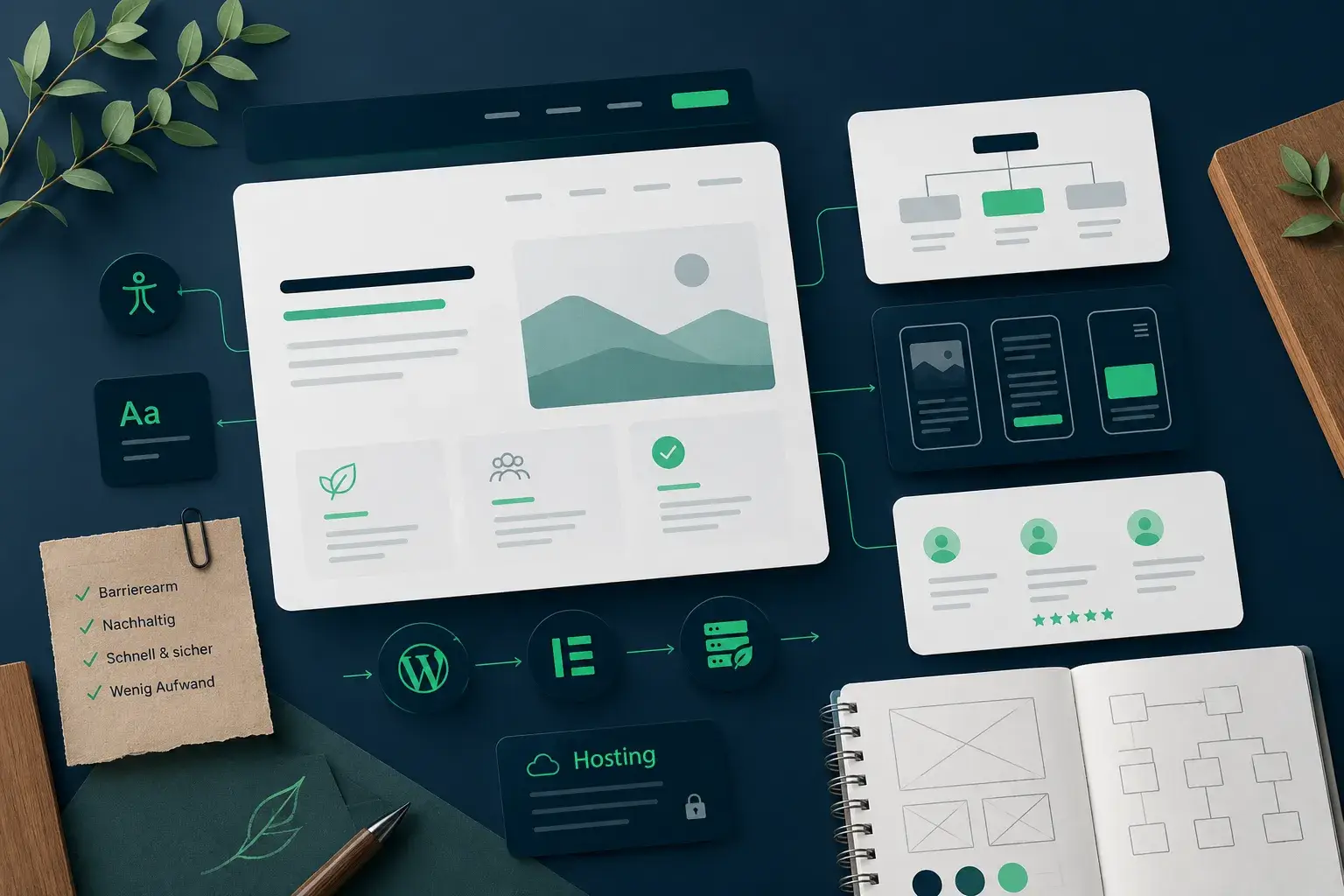 Eine abstrakte Darstellung der Konzeption einer nachhaltigen Website. Man sieht Wireframes, Symbole und Flowcharts